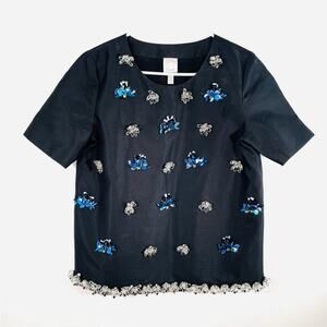 Huishan Zhang Black Wool Silk Blue Clear Crystal Bead Embellished Boxy Blouse 8